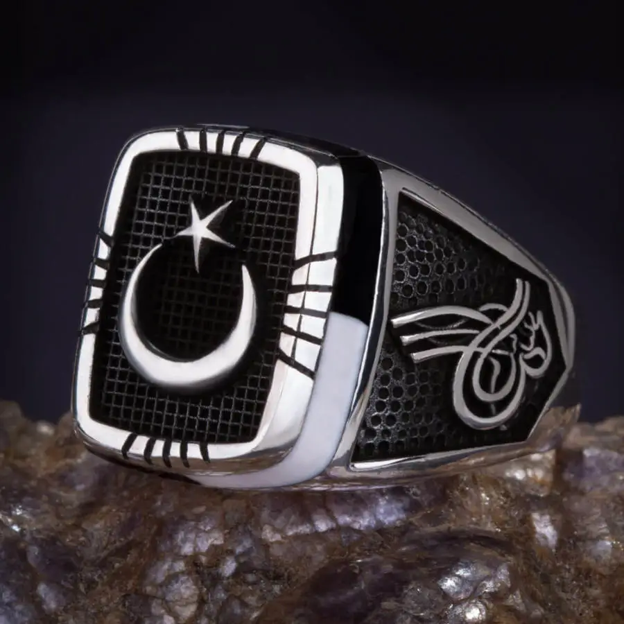 

Silver Men Crescent Star Motif Ottoman Coat of Arms - Tughra Style Jewelry Black White Ring Good Quality New Luxury Durable