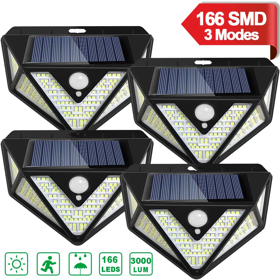 166 LEDs Solar Light Outdoor 3 Mode PIR Motion Sensor Powered Sunlight Spotlights Waterproof Wall Lamp Decoration Garden Yard
166 LEDs Solar Light Outdoor 3 Mode PIR Motion Sensor Powered Sunlight Spotlights Waterproof Wall Lamp Decoration Garden Yard