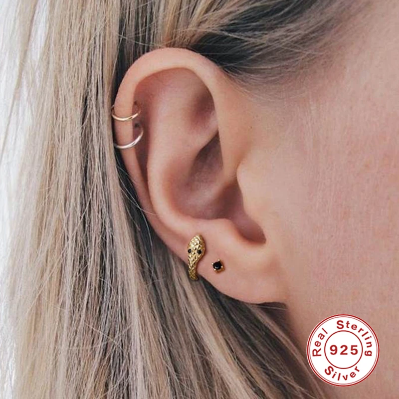 

CANNER Real 925 Silver Earrings For Women Gold Snake Hoop Earrings Gothic Girl Ear Bone Piercing Earings Punk Female pendientes