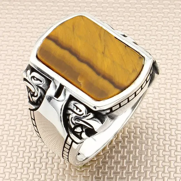 

Animal Eagle Silver Ring Oval Brown Tiger Eye Stone Silver Ring Men Silver Ring Made in Turkey Solid 925 Sterling Silver