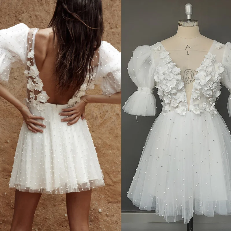 10705#Mini V-Neck Backless Puff Sleeve 3D Lace Applique A-Line Boho Pearl Above Knee Length Wedding Dress Wedding Bridal Gown
10705#Mini V-Neck Backless Puff Sleeve 3D Lace Applique A-Line Boho Pearl Above Knee Length Wedding Dress Wedding Bridal Gown