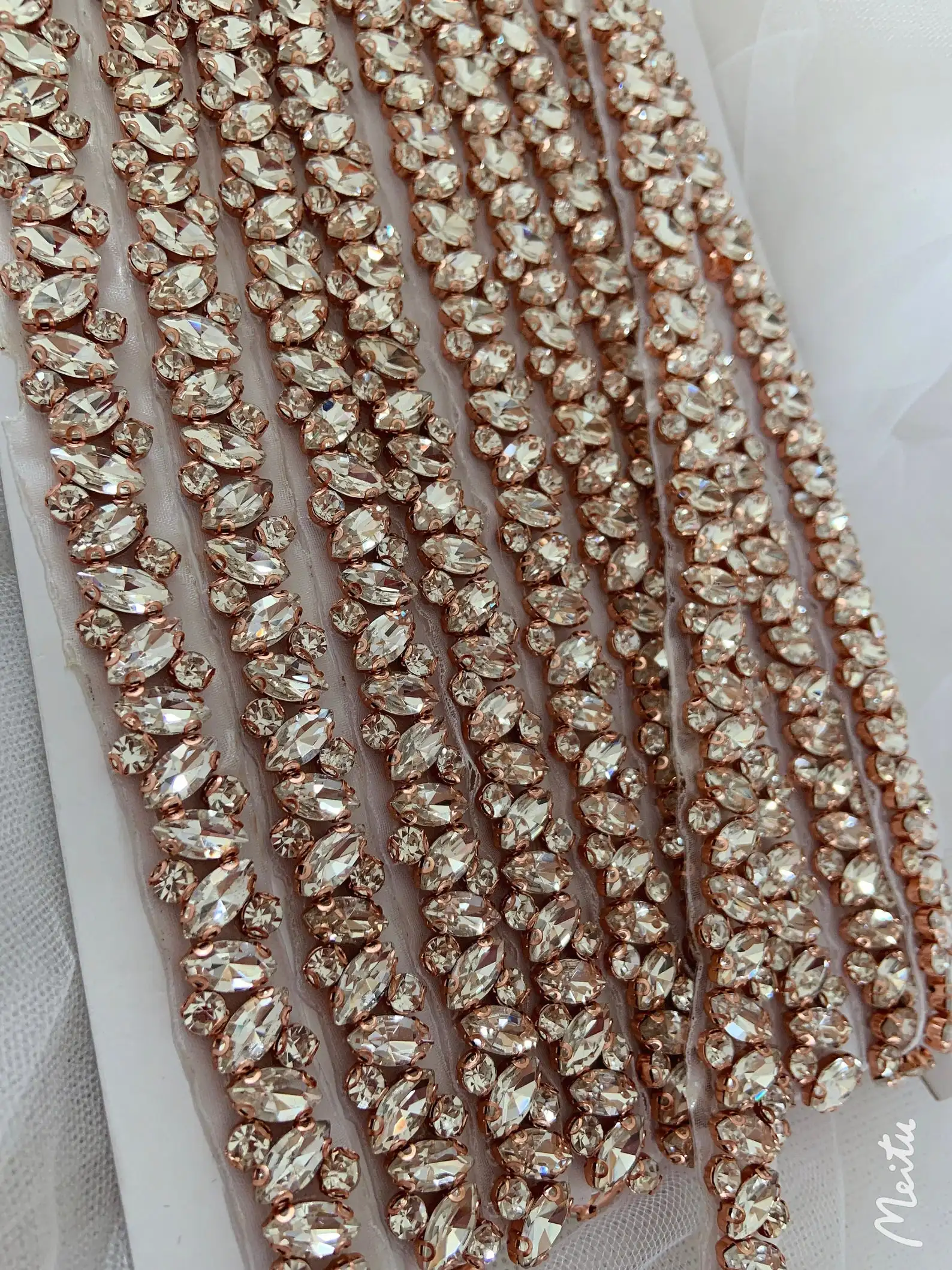 1 Yard Rose Gold Deluxe Rhinestone Sash Belt, Crystal Pearl Bead Trim by the yard 
1 Yard Rose Gold Deluxe Rhinestone Sash Belt, Crystal Pearl Bead Trim by the yard