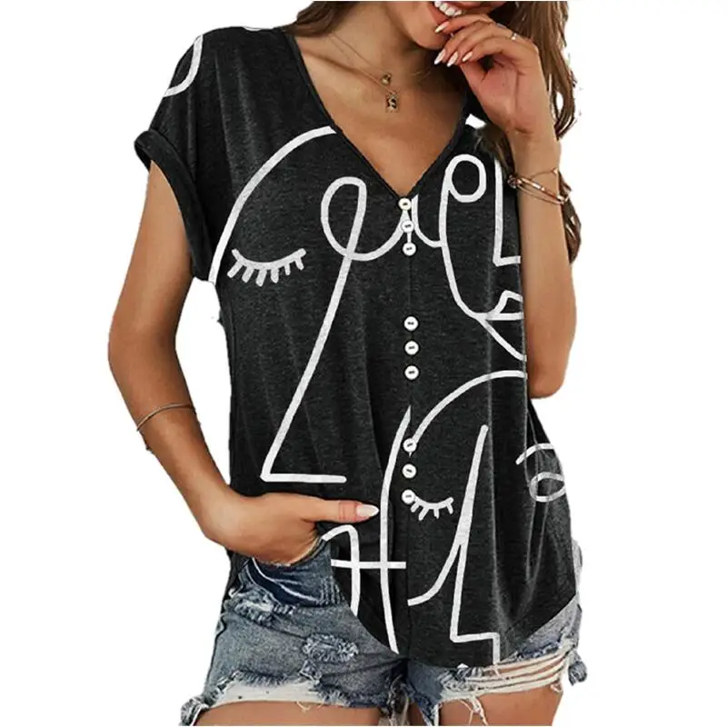 Women Loose V-Neck Short Sleeve T-shirt Summer Casual Sketch Print Tops Ladies Fashion Button Shirts Tops Plus Size Pullover
Women Loose V-Neck Short Sleeve T-shirt Summer Casual Sketch Print Tops Ladies Fashion Button Shirts Tops Plus Size Pullover