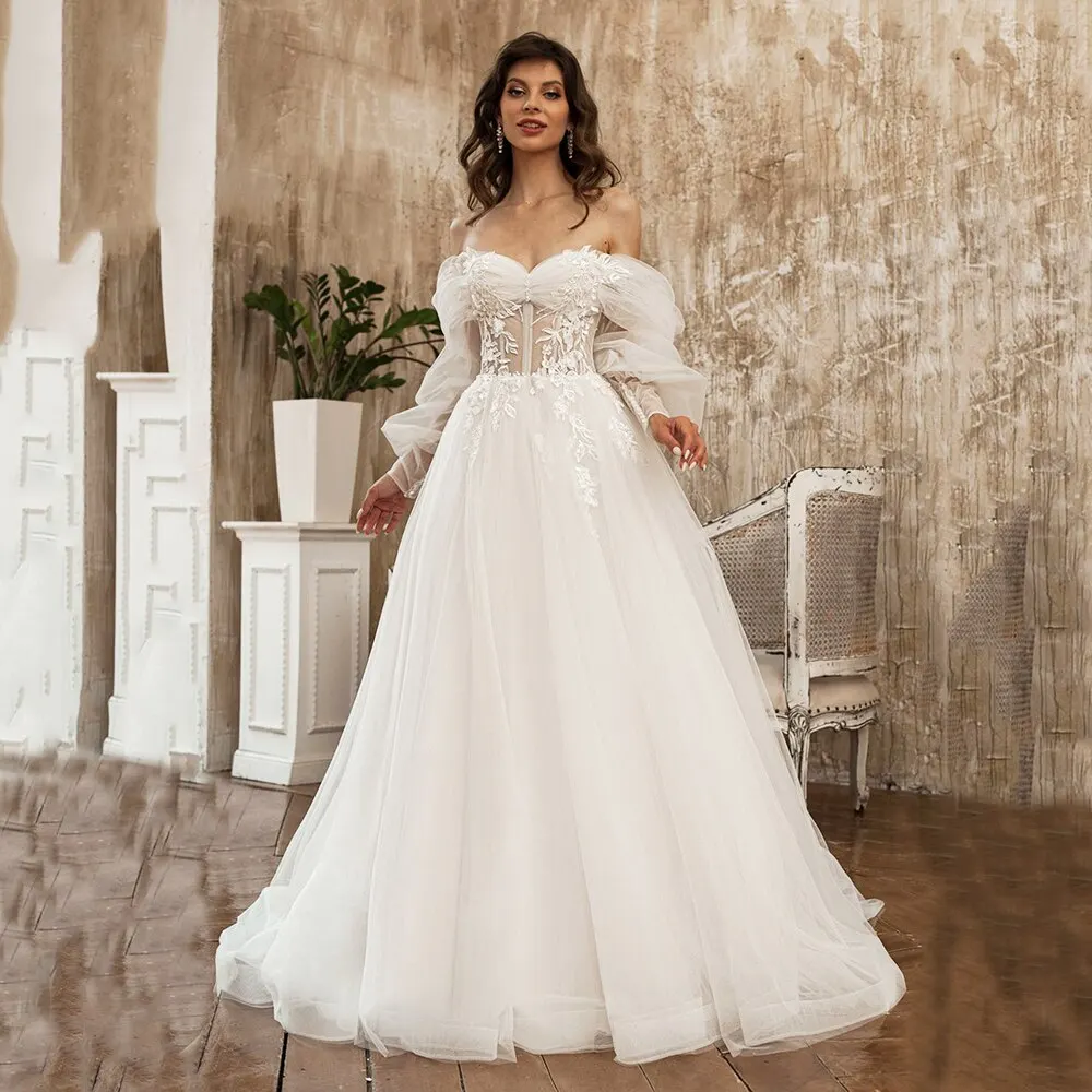 13171#Beach Bohemian Elegant Tulle Backless 2022 Puffy Sleeves A-Line Off-Shoulder Princess Sexy Lace Wedding Dress Bridal Gown
13171#Beach Bohemian Elegant Tulle Backless 2022 Puffy Sleeves A-Line Off-Shoulder Princess Sexy Lace Wedding Dress Bridal Gown