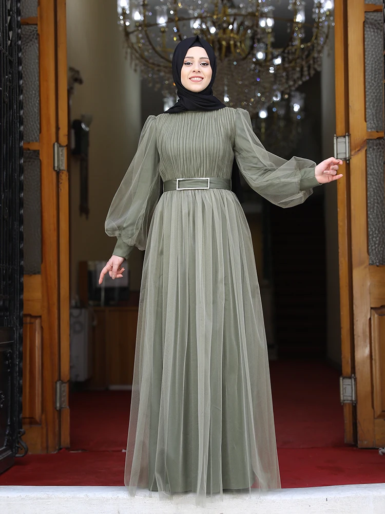 Women's Evening Dresses Balloon Sleeve Tulle Covering Stone Belt Lined High Quality Elegant Muslim Islamic Clothing Long Size
Women's Evening Dresses Balloon Sleeve Tulle Covering Stone Belt Lined High Quality Elegant Muslim Islamic Clothing Long Size