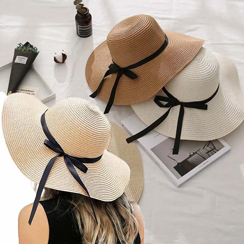 

Women Sun Hats Summer Large Wide Brim Straw Hat with Bowknot Floppy Foldable Roll up Beach Cap Sun Hat Dome Straw Hat UPF 50+