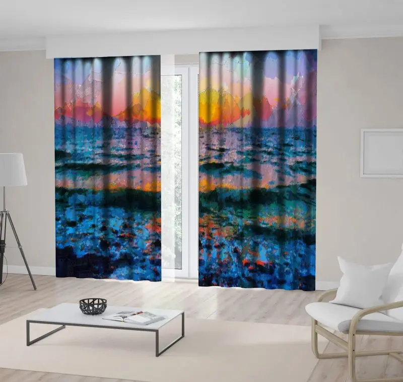 

Curtain Sunset on Stormy Sea Waves Nature Seascape Evening View Oil Painting Art Printed Blue Orange Pink