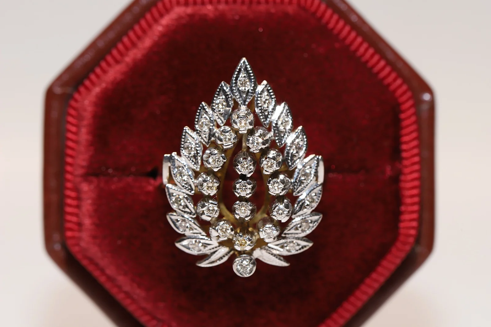 Old Original Russian Soviet 18k Gold Natural Diamond Decorated Strong Drop Ring
Old Original Russian Soviet 18k Gold Natural Diamond Decorated Strong Drop Ring