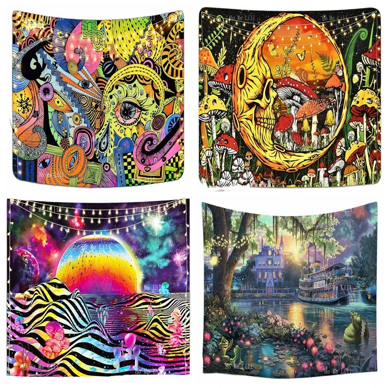 

Trippy Mushroom Fractal Psychedelic Eyes Colorful Galaxy Space Planet And Mountains Skeleton Snail Prince Island Lake Tapestry