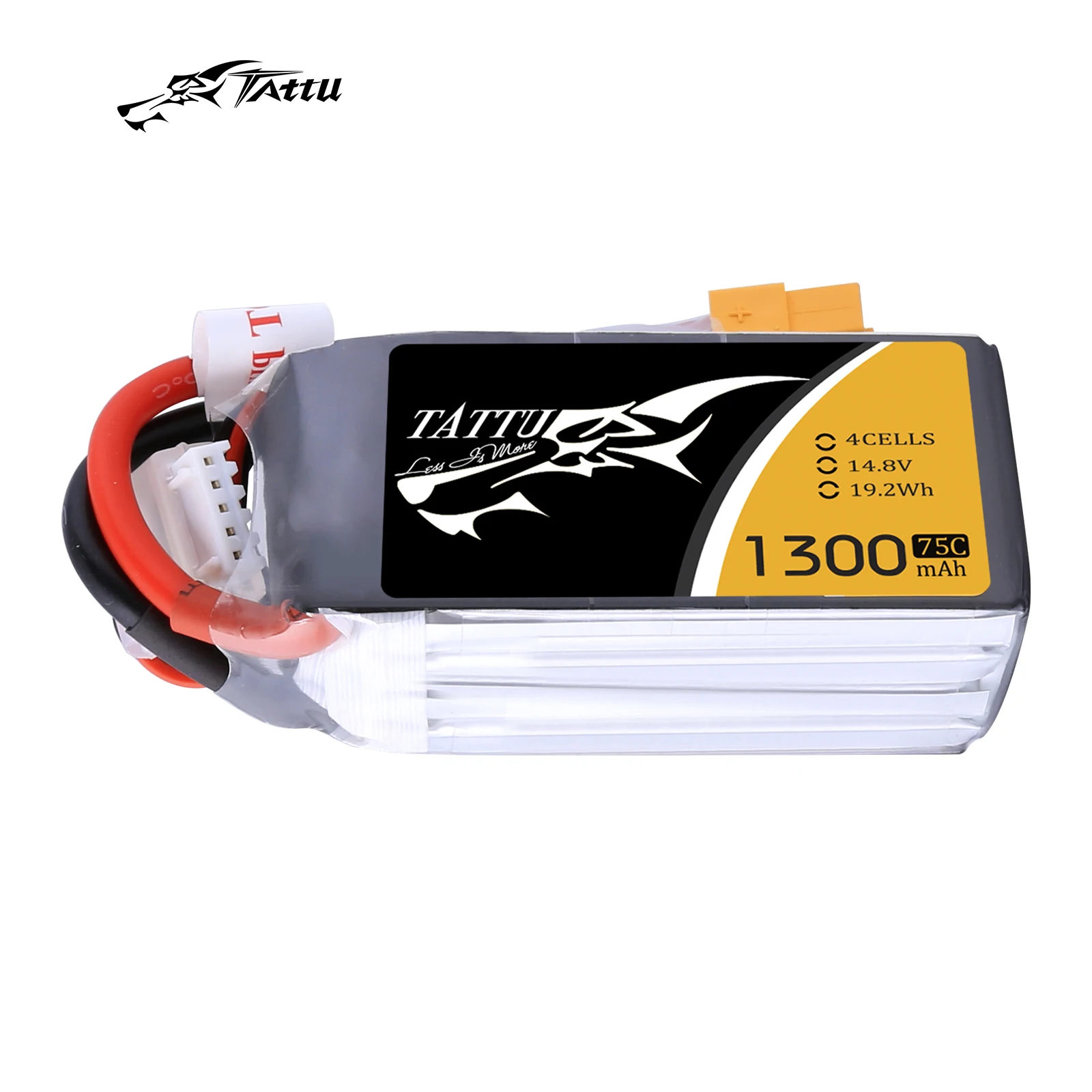 

Tattu Lipo Battery 75C 14.8V 1300mAh 4S with XT60 Plug compatible with the followin models such as IRC Vortex 180 / 210/ 230