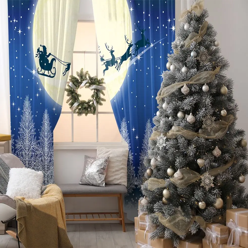 Curtain Pine Trees Snowy Christmas Night Sky Full Moon Stars Santa Claus Flying on His Sleigh with Reindeers Art White blue
Curtain Pine Trees Snowy Christmas Night Sky Full Moon Stars Santa Claus Flying on His Sleigh with Reindeers Art White blue