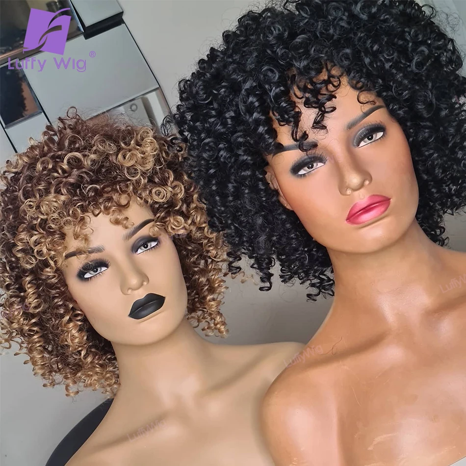 

Ombre Honey Blonde Glueless Curly Full Machine Scalp Top Wig With Bangs 200% Density Curly Human Hair Wigs For Women LUFFY