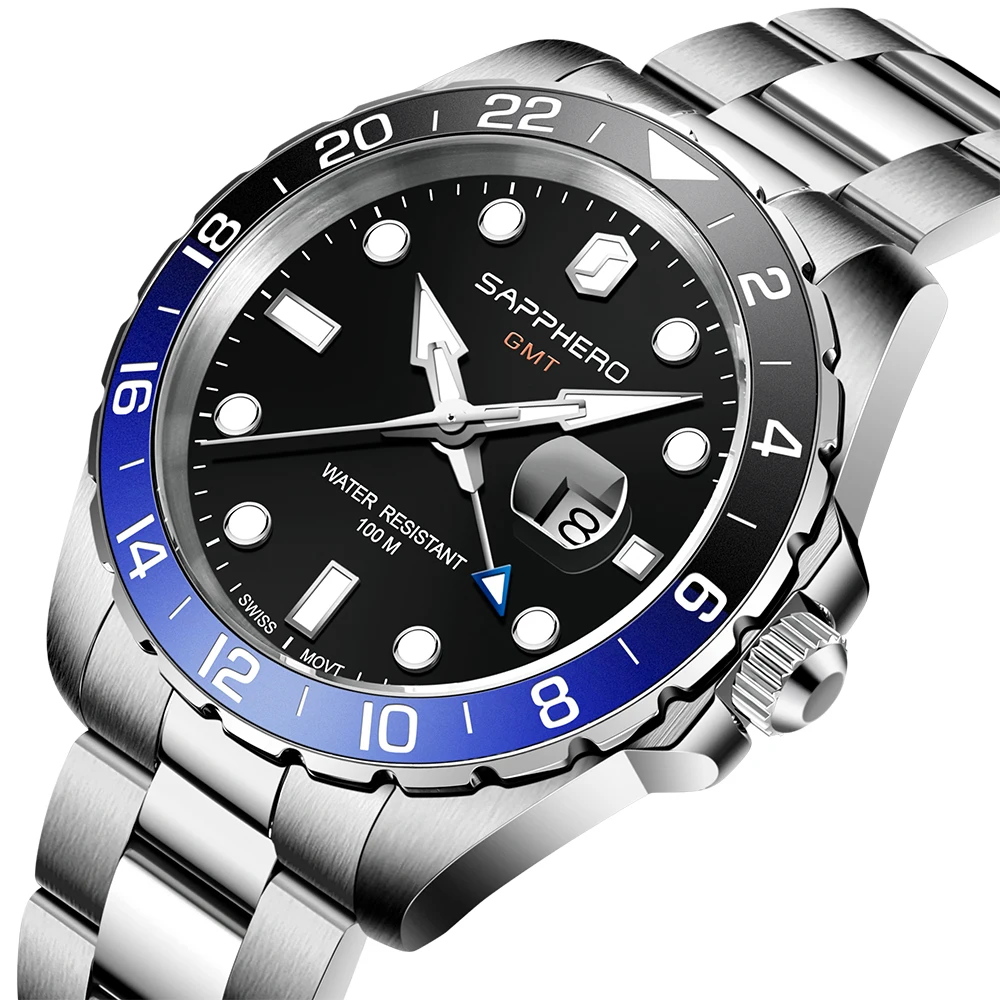 SAPPHERO Mens GMT Часы 100M водонепроницаемый нержавеющей стали швейцарский кварцевый