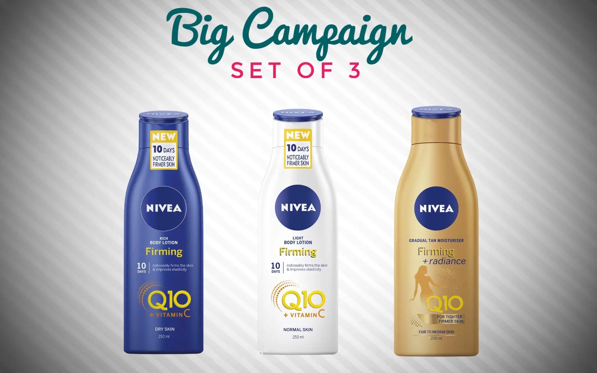 Nivea Q10 Set Of 3 Firming Body Lotion 250 ml İntensive Care For 48 hours ( Fast And Free Shipping)
Nivea Q10 Set Of 3 Firming Body Lotion 250 ml İntensive Care For 48 hours ( Fast And Free Shipping)