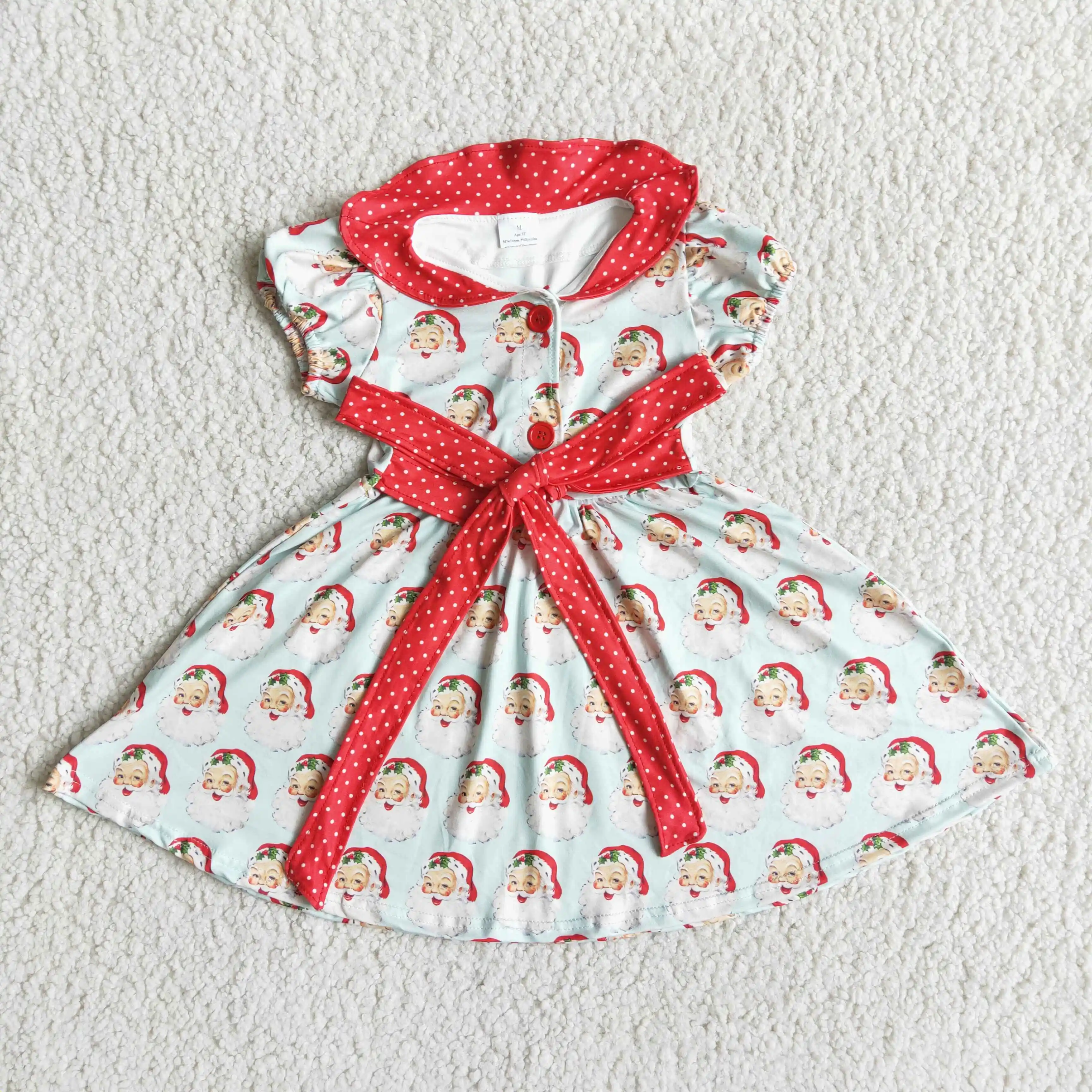 

Boutique Design Santa Claus Head Printed Puff Sleeve Lapel Dress Polka Dot Red Belt Girl Fashion Festive Clothing