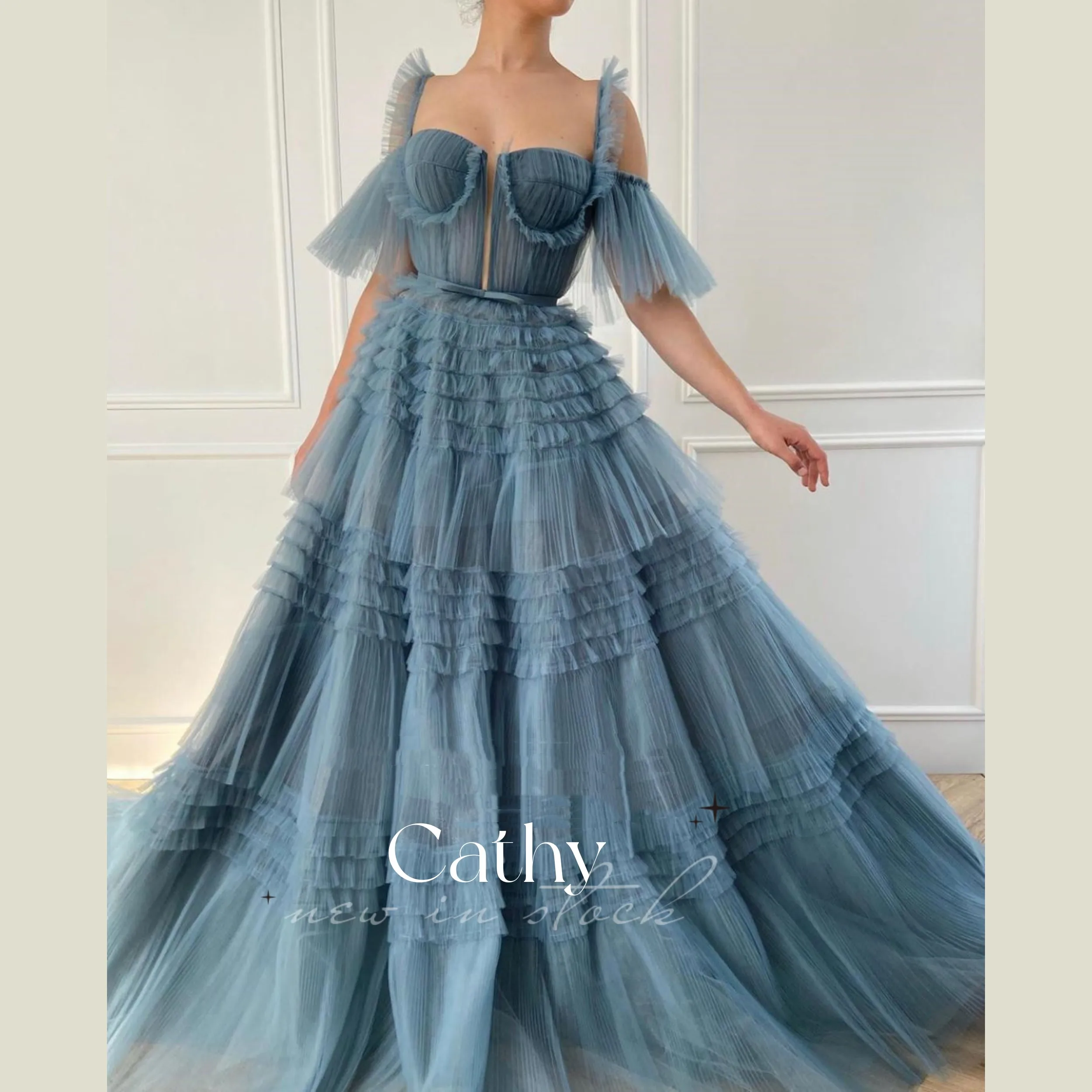 

Cathy Blue Tulle Long Prom Dresses Sweetheart Ruched Off Shoulder Layered A-Line Party Evening Dresses Custom Vestidos De Fiesta