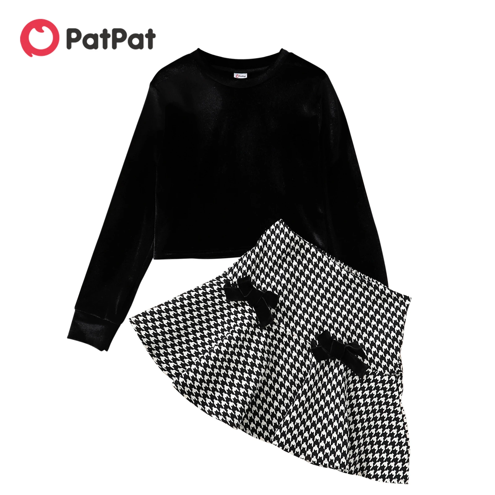 

PatPat 2-piece Kid Girl Velvet Long-sleeve Black Top and Bowknot Design Houndstooth Skirt Set