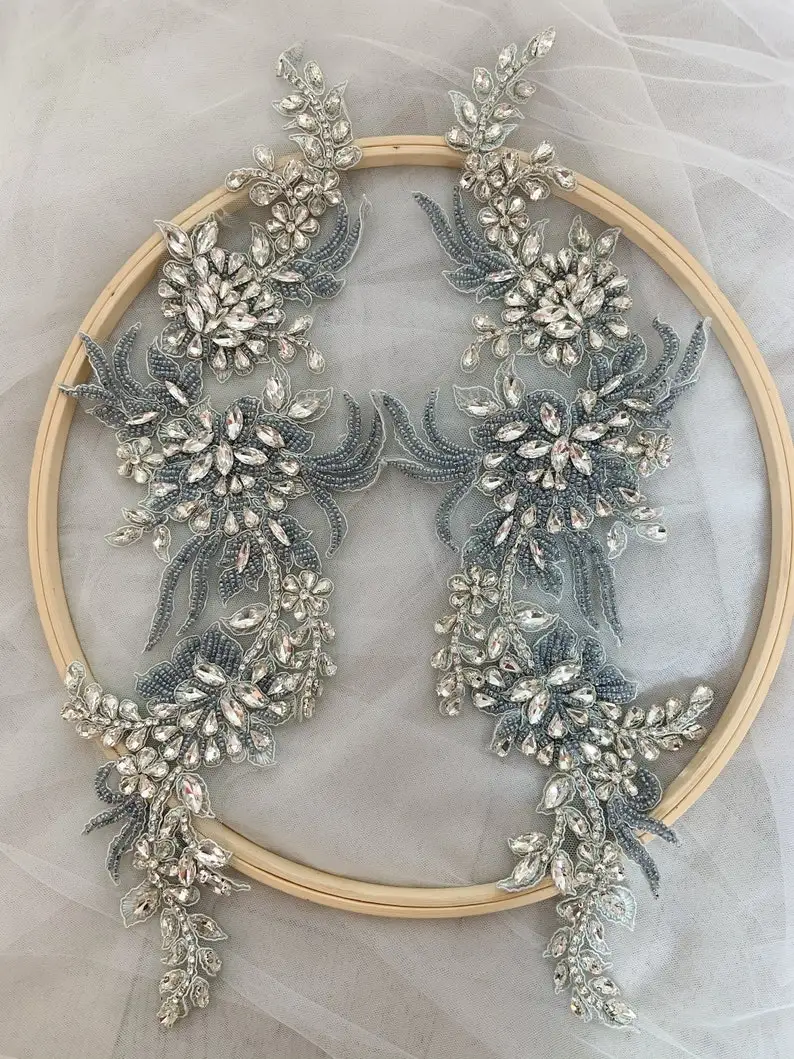 Pale Blue Rhinestone Applique With Florals Motif for Couture And Dress, Handcrafted Rhinestone Applique Patch
Pale Blue Rhinestone Applique With Florals Motif for Couture And Dress, Handcrafted Rhinestone Applique Patch