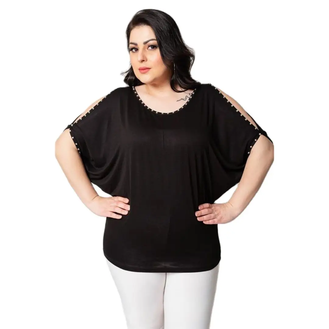 

Women’s Plus Size Off Shoulder Bat Wing Sleeve Diamond Detail Black Blouse, Designed and Made in Turkey, New Arrival