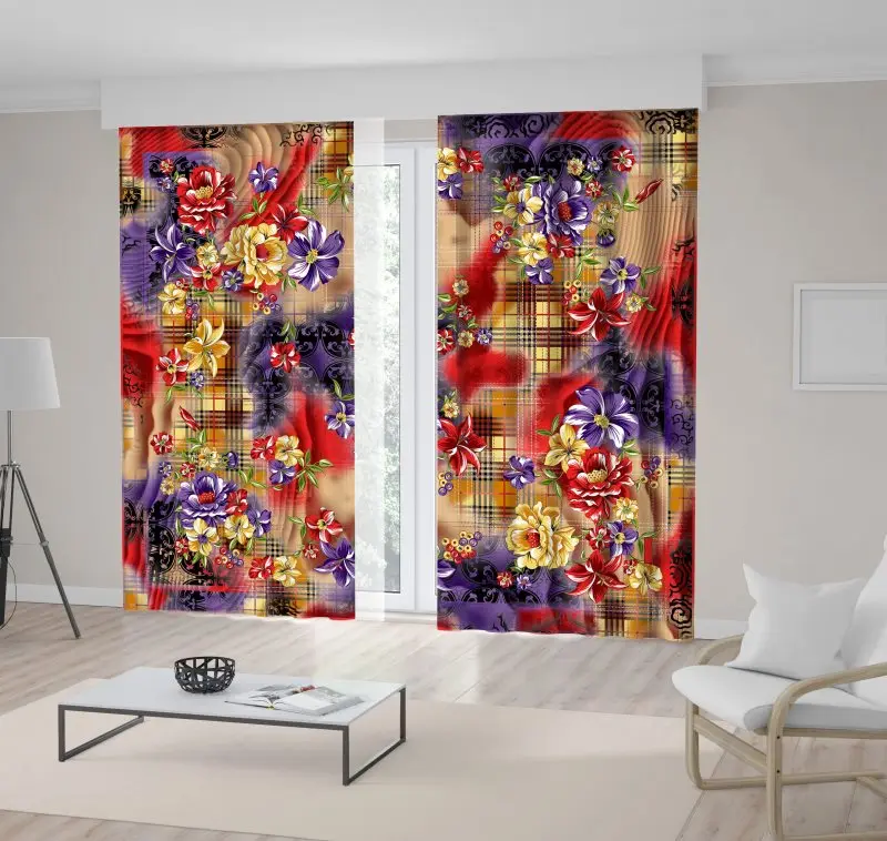 Curtain Flowers and Plaid Pattern Bright Colors Spring Garden Floral Artwork Yellow Red Purple
Curtain Flowers and Plaid Pattern Bright Colors Spring Garden Floral Artwork Yellow Red Purple