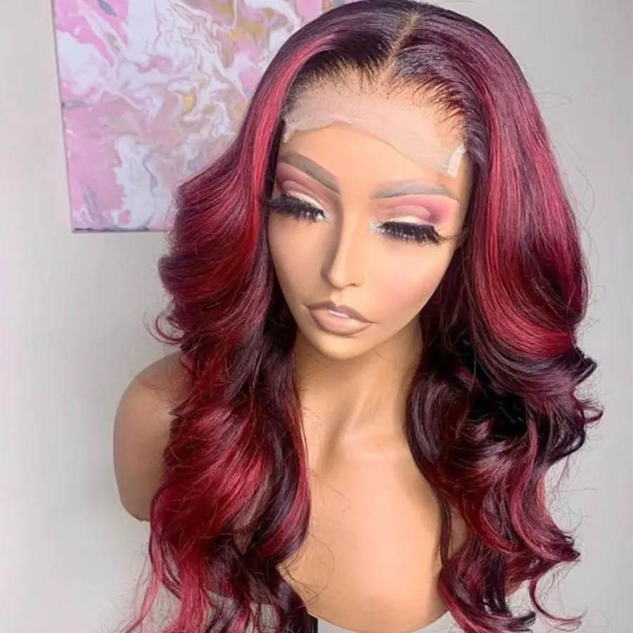 

13X6 Lace Frontal Highlight 99J Burgundy Wigs Ombre Red Full Body Wave Hd Transparent Lace Front Wavy Human Hair Wig Pre Plucked
