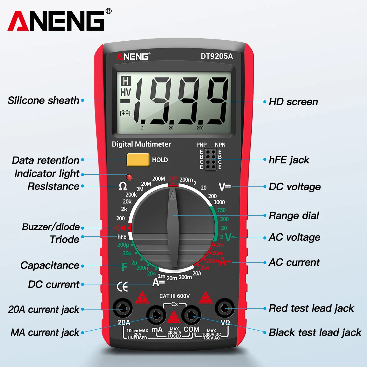 ANENG DT9205A Digital Multimeter AC/DC Transistor Tester Electrical NCV Test Meter Profesional Analog Auto Range Multimetro
ANENG DT9205A Digital Multimeter AC/DC Transistor Tester Electrical NCV Test Meter Profesional Analog Auto Range Multimetro