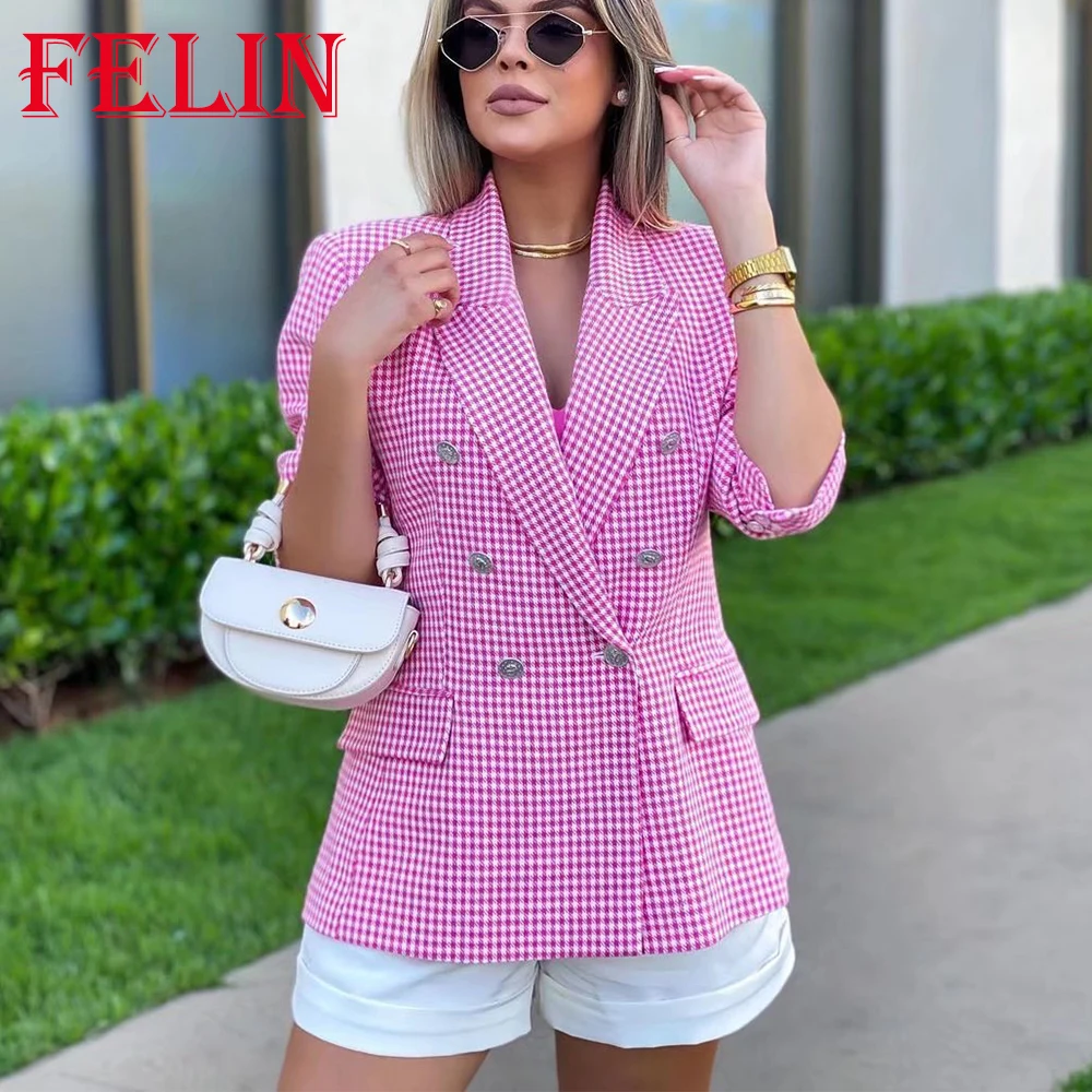 

KONDALA Za 2022 Office Lady Pink Plaid Slim V Neck Blazer Women Long Sleeve Double Breasted Pockets Jackets Female Elegant Coats