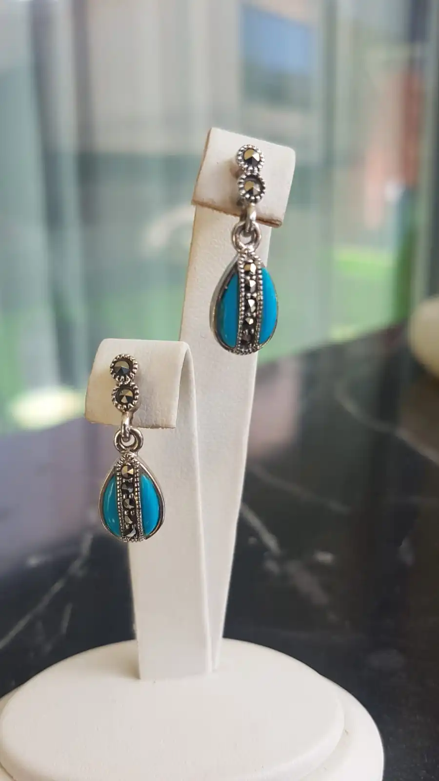 Model Turquoise Stone 925 Sterling Silver Womens Marcasite Earrings Jewelry Handwork Stylish New Fashion Precious
Model Turquoise Stone 925 Sterling Silver Womens Marcasite Earrings Jewelry Handwork Stylish New Fashion Precious