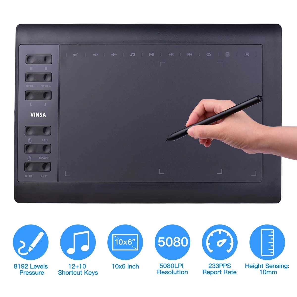 10x6" Professional Graphics Drawing Tablet 12 Express Keys 8192 Levels Battery-Free Stylus/8pcs Nibs/Pen Clip Support PC/Laptop
10x6" Professional Graphics Drawing Tablet 12 Express Keys 8192 Levels Battery-Free Stylus/8pcs Nibs/Pen Clip Support PC/Laptop
