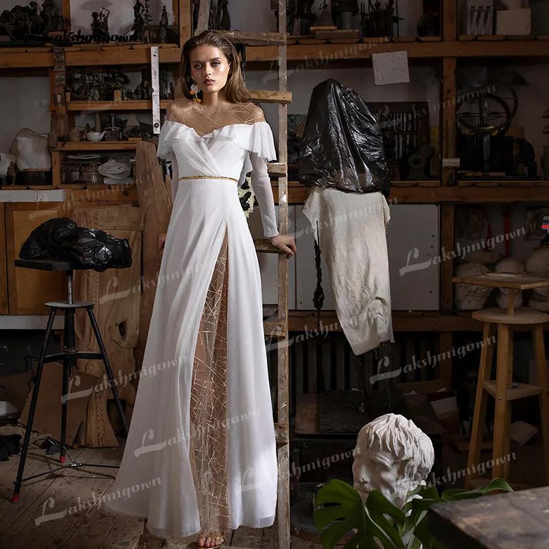Charming Chiffon A-Line Wedding Dresses Illusion Tulle Boat Neck Corset Long Sleeve Ruffles Sashes Sweep/Brush Train Bride Gowns
Charming Chiffon A-Line Wedding Dresses Illusion Tulle Boat Neck Corset Long Sleeve Ruffles Sashes Sweep/Brush Train Bride Gowns