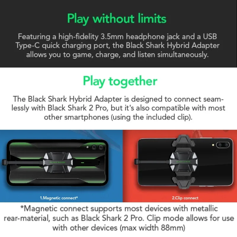 Black Shark Audio/QuickCharge 2-in-1 ADAPTER (Compatible w/ many smartphones, 3.5mm earphone, USB type-C port, fast-charging)
Black Shark Audio/QuickCharge 2-in-1 ADAPTER (Compatible w/ many smartphones, 3.5mm earphone, USB type-C port, fast-charging)
