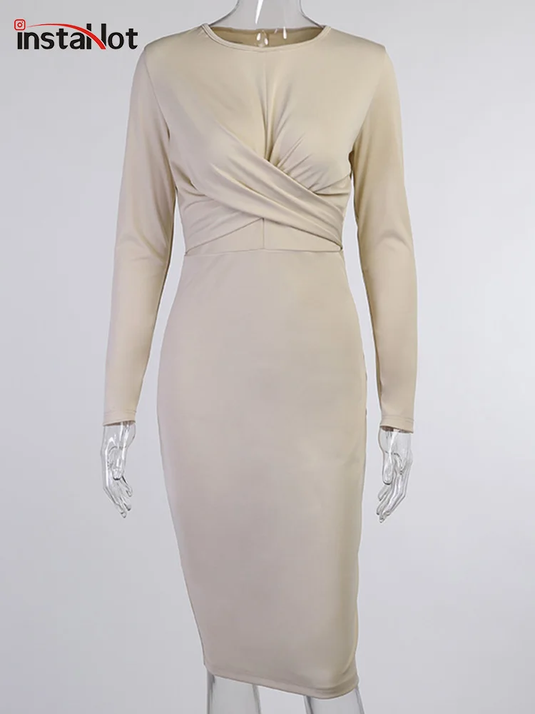 InstaHot/элегантное женское платье с круглым вырезом и длинным рукавом