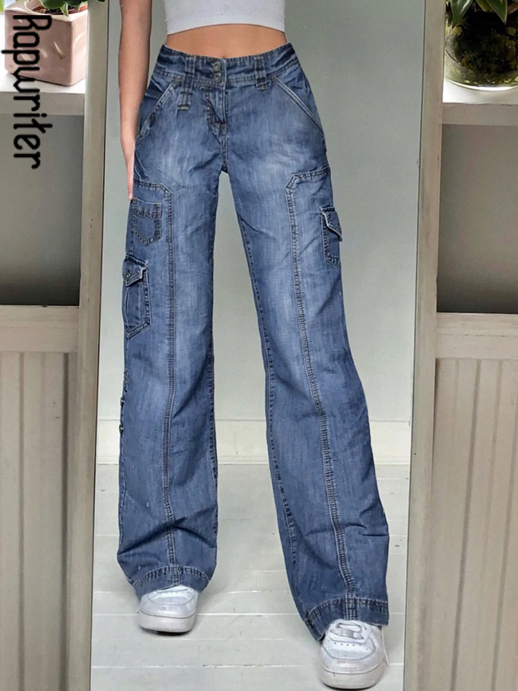 

Rapwriter Blue Jeans For Girl Y2K Pocket Baggy Pants Mid Waist Cargo Pants Harajuku Patched Denim Pants Retro Bottoms Streetwear