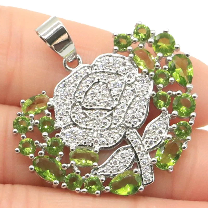 34x34 мм Роскошная розовая форма, Зеленый Перидот, Белый CZ подарок для дам, европейский стиль, серебряный кулон 
34x34 мм Роскошная розовая форма, Зеленый Перидот, Белый CZ подарок для дам, европейский стиль, серебряный кулон