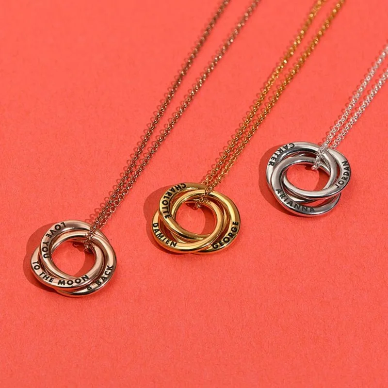 Personalized Custom Made 3D Russian Ring Necklace Classic Interlocking Dangle Rings Circle - Silver Gold Family Names
Personalized Custom Made 3D Russian Ring Necklace Classic Interlocking Dangle Rings Circle - Silver Gold Family Names