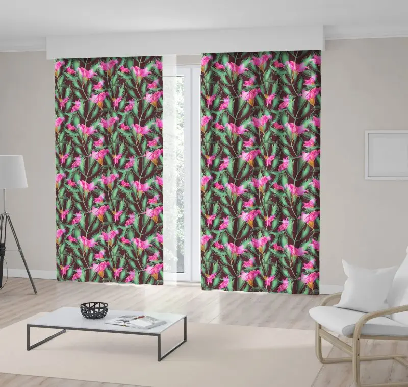 Curtain Tropical Flowers Blooms and Leaves Stylish Modern Floral Pattern Hawaiian Style Art Printed Fuchsia Green Brown 
Curtain Tropical Flowers Blooms and Leaves Stylish Modern Floral Pattern Hawaiian Style Art Printed Fuchsia Green Brown
