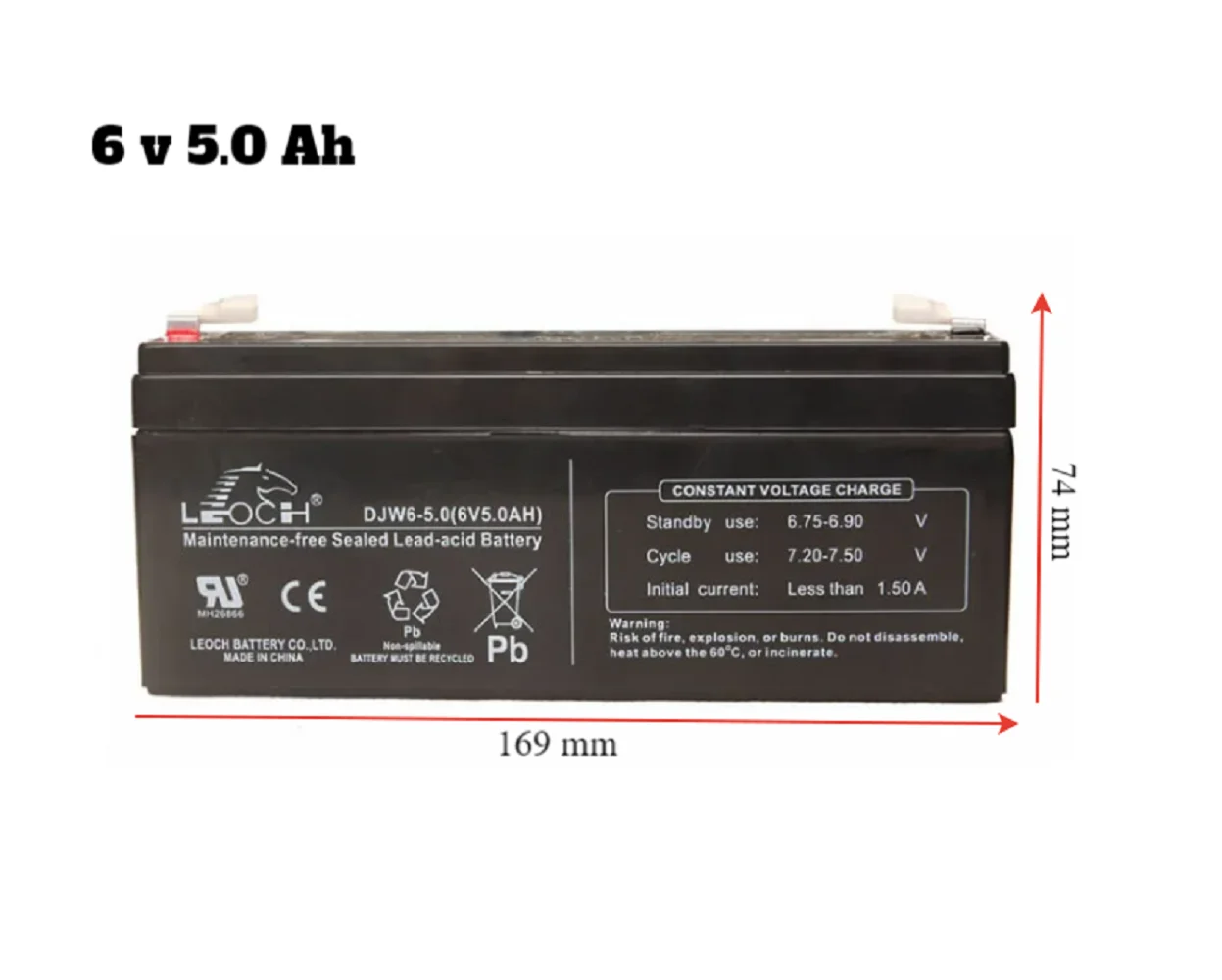 Аккумулятор LEOCH DJW6-5 6 вольт 5 Ач (169х35х74 с клеммами) для охранно-пожарных