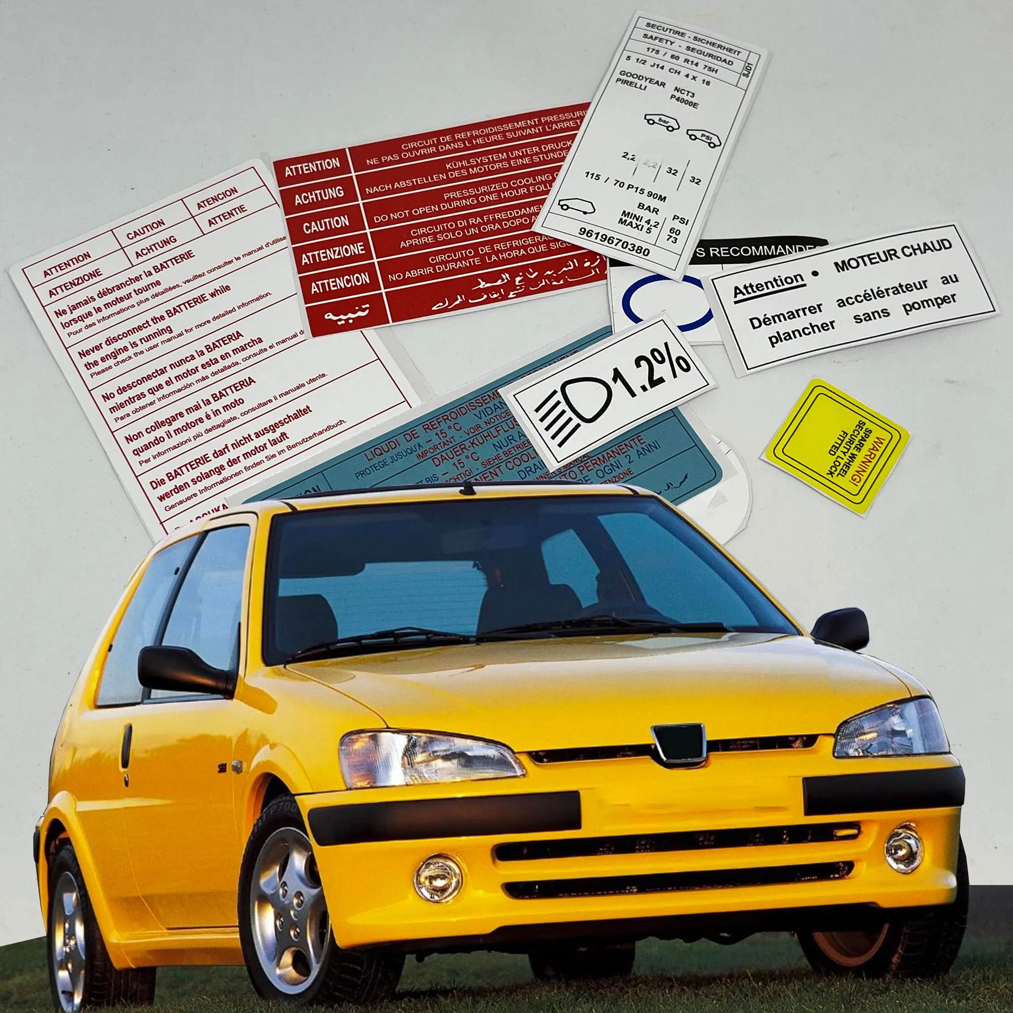 

PEUGEOT 106 GT XR RAllye rally RESTORATION WARNING CAUTION ENGINE STICKERS LABELS