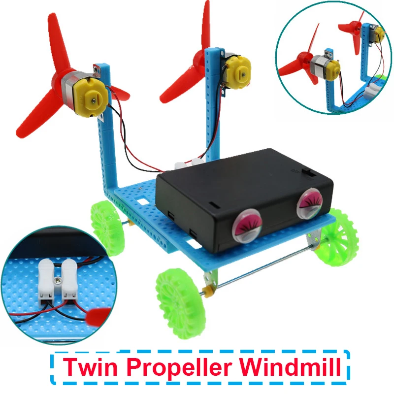 

Twin Propeller Windmill Children'S Science Double Paddle Wind Powered Trolley Experiment Electric Toy Assembly Model Making