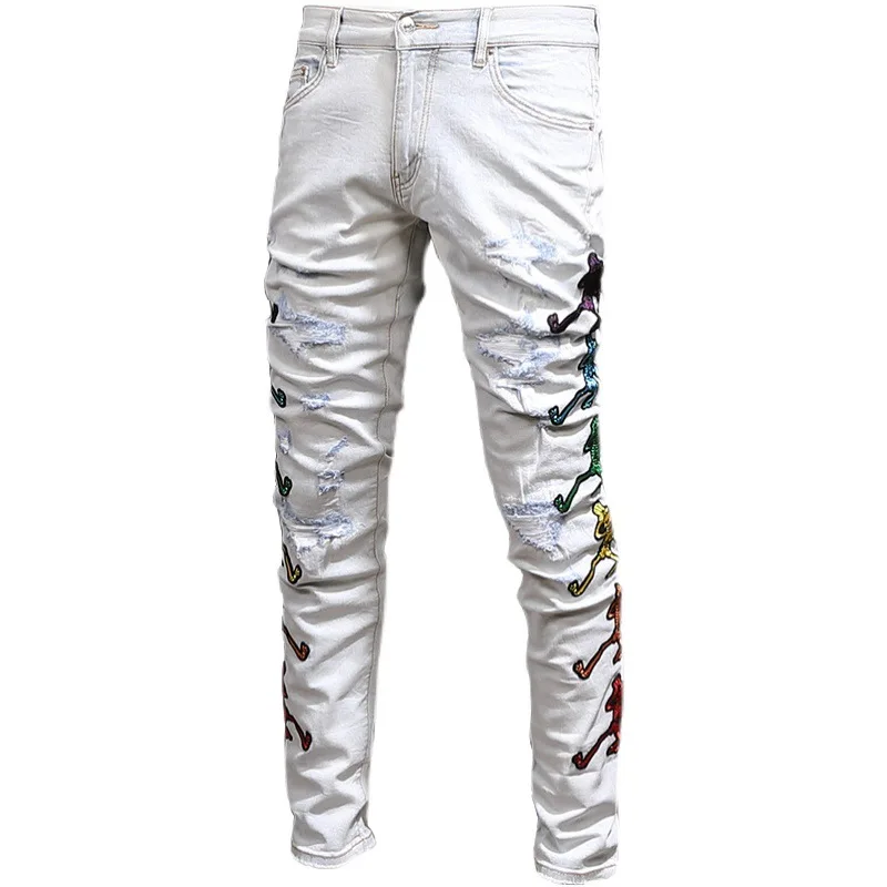 High Street Youth Men'S Jeans Ripped Elastic Patch All-Match Trendy Brand Embroidery Slim-Fit Trousers Y2K Jeans For Men