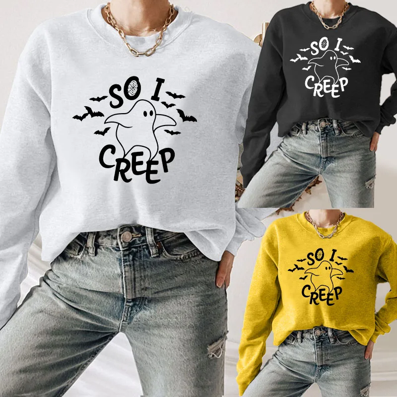 

Black So I Creep Halloween Ghost Face Graphic Sweatshirt Cotton Women Aesthetic Unisex Jumper Pullovers Loose Tops Sweats New