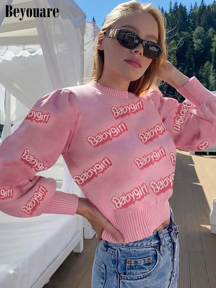 

Beyouare Kawaii Sweater Women Letter Print Pink Knitting Crop Tops Long Sleeve Short Pullover Casual Elegant Autumn Winter 2022