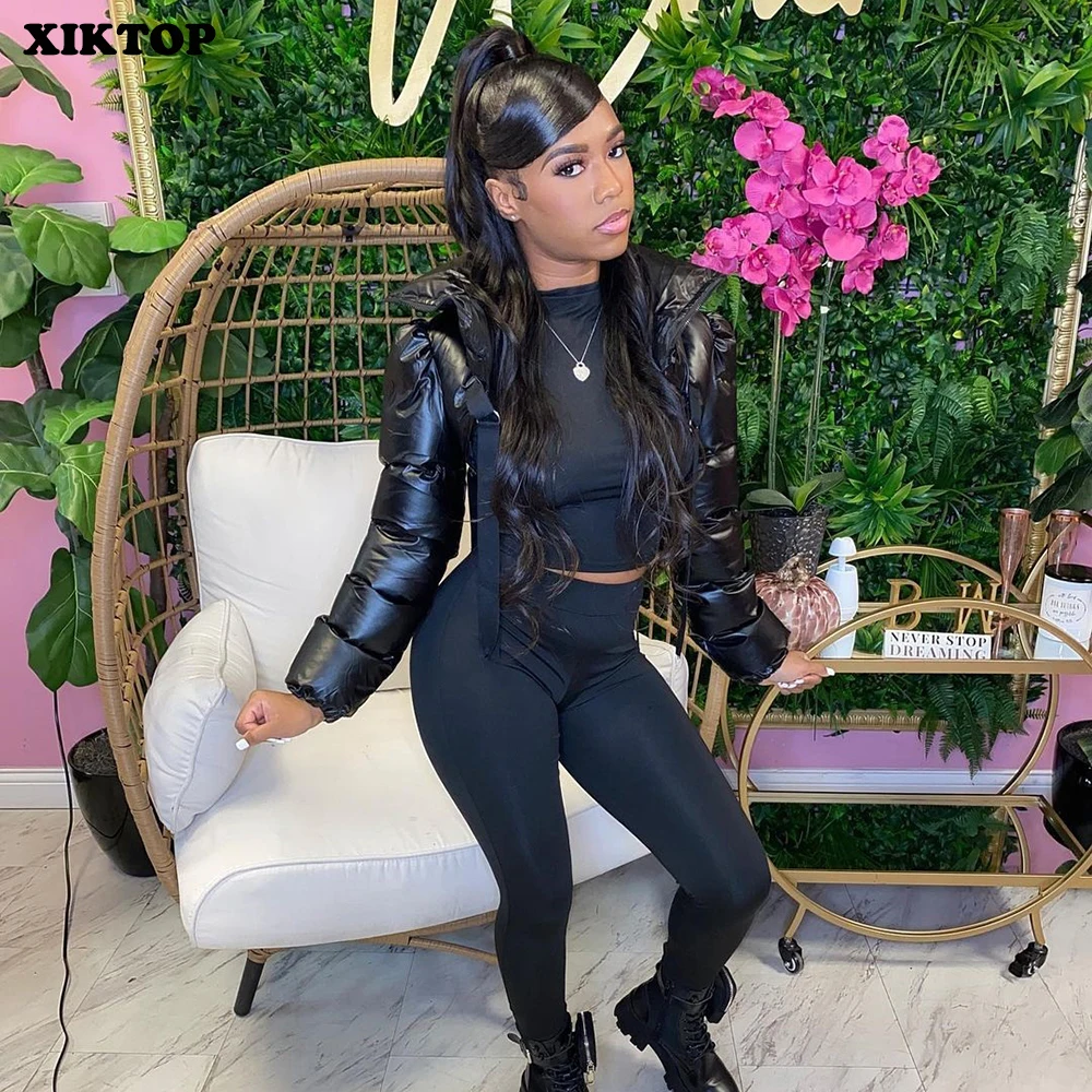 XIKTOP Women Coat 2022 Autumn Winter Sexy Cropped Jacket Y2k Solid Zipper Short Bubble Outwear Female Basic Street