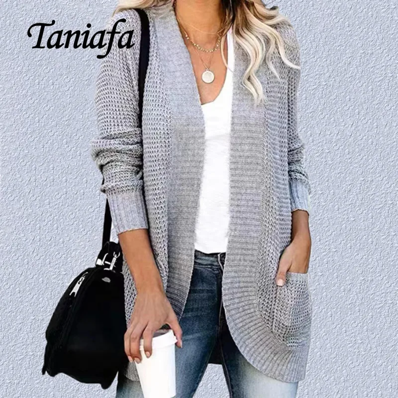 

Модный женский вязаный свитер с длинным рукавом, Открытый спереди Свободный кардиган на пуговицах, Повседневная Верхняя одежда с карманами