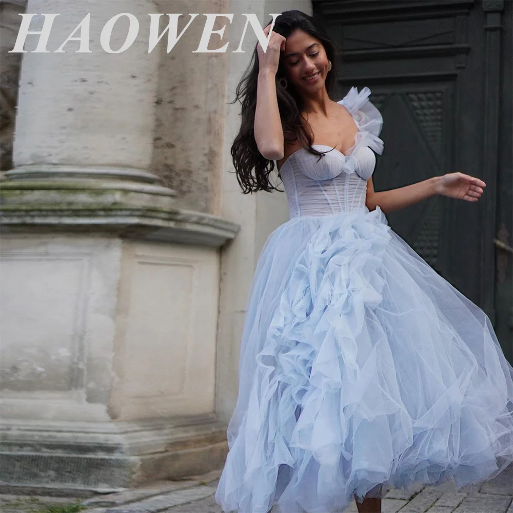 

HAOWEN Elegant Prom Dresses Sweetheart Bows Spaghetti Strap Crystals Ruffles Tulle A-line Floor Length Women Homecoming Party