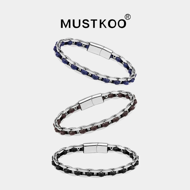 MUSTKOO Классический кожаный плетеный браслет из титановой стали 20см. Браслет