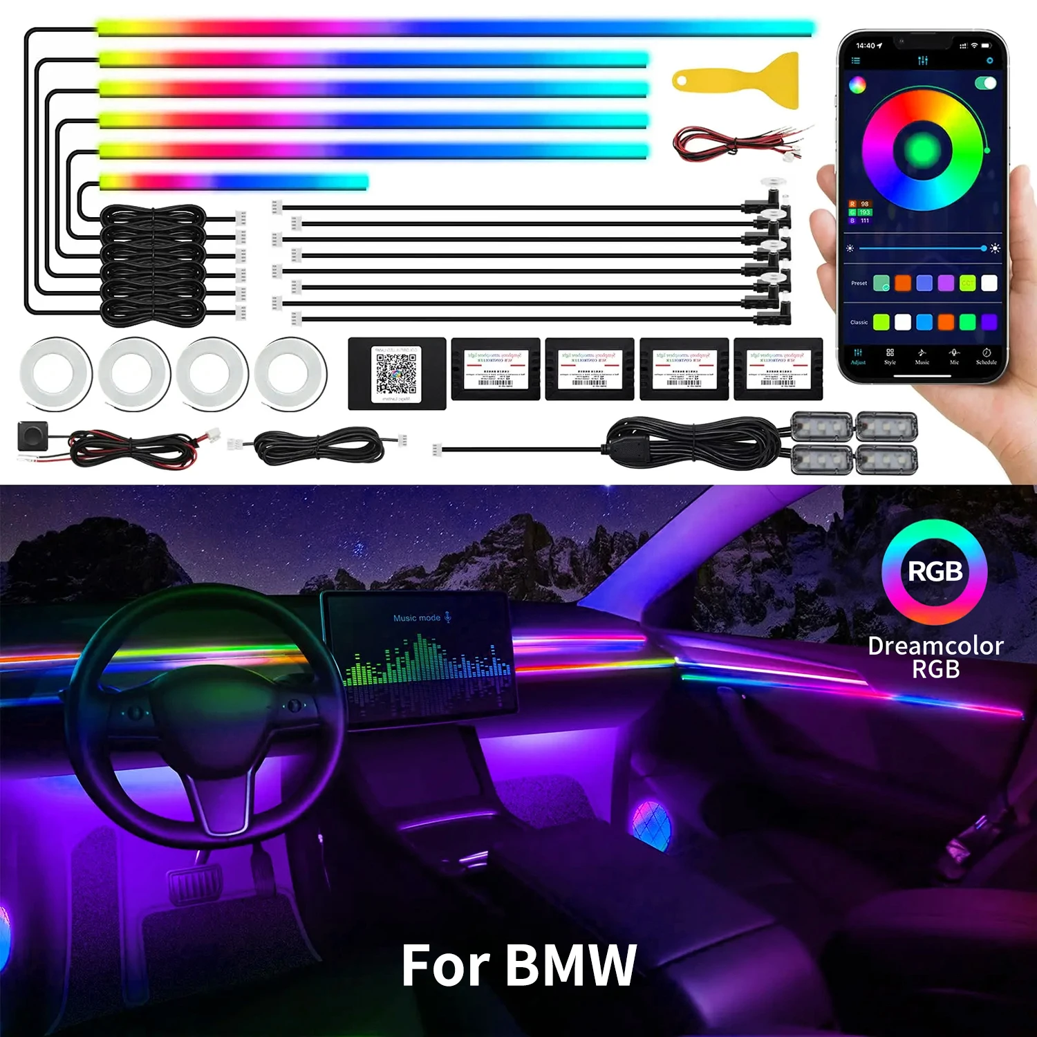 22 в 1 неоновая автомобильная светодиодная внутренняя акриловая полоса