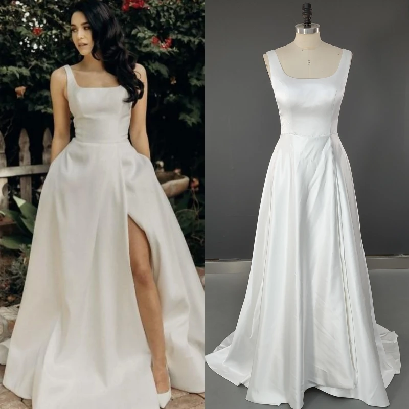 

15016# Real Photos Sweep Train Square Collar Straps Wedding Dress Elegant A-line Backless Button Split Front Stain Bridal Gown