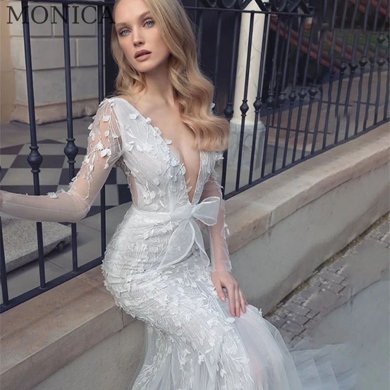 

MONICA Trumpet Wedding Dress 2022 V-neck Full Sleeve Appliques Bride Gown Floor-Length Court Train Vestido De Novia Custom Made