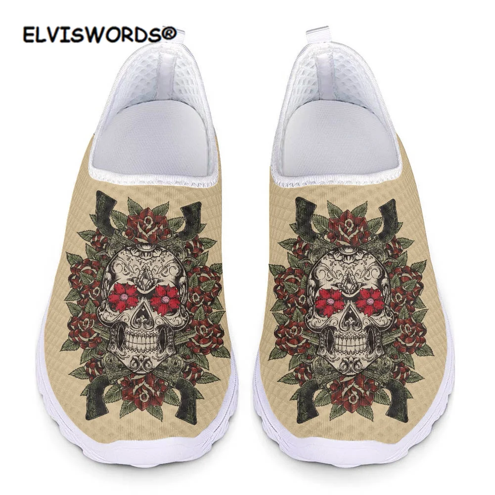 

ELVISWORDS Custom Art Skull Design Women's Slip On Shoes Air Mesh Comfortable Youth Jeans Shoes Spring Summer Mujer Zapatos